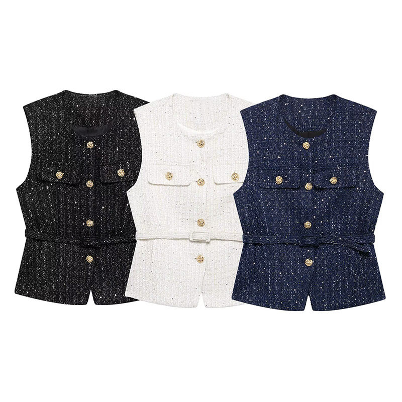 ZATRHMBM women's 2025 new fashion beaded tank top with belt decoration, vintage crew neck sleeveless vest