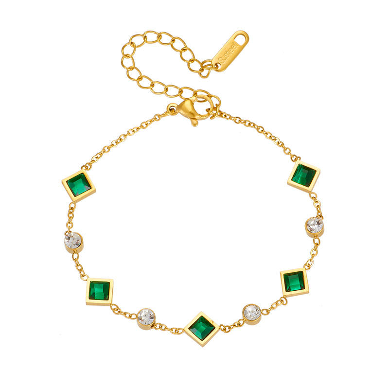 Cross-Border Fashion Diamond Set Emerald Round Diamond Accessory Chain Stainless Steel Cut Square Jewelry Bracelet