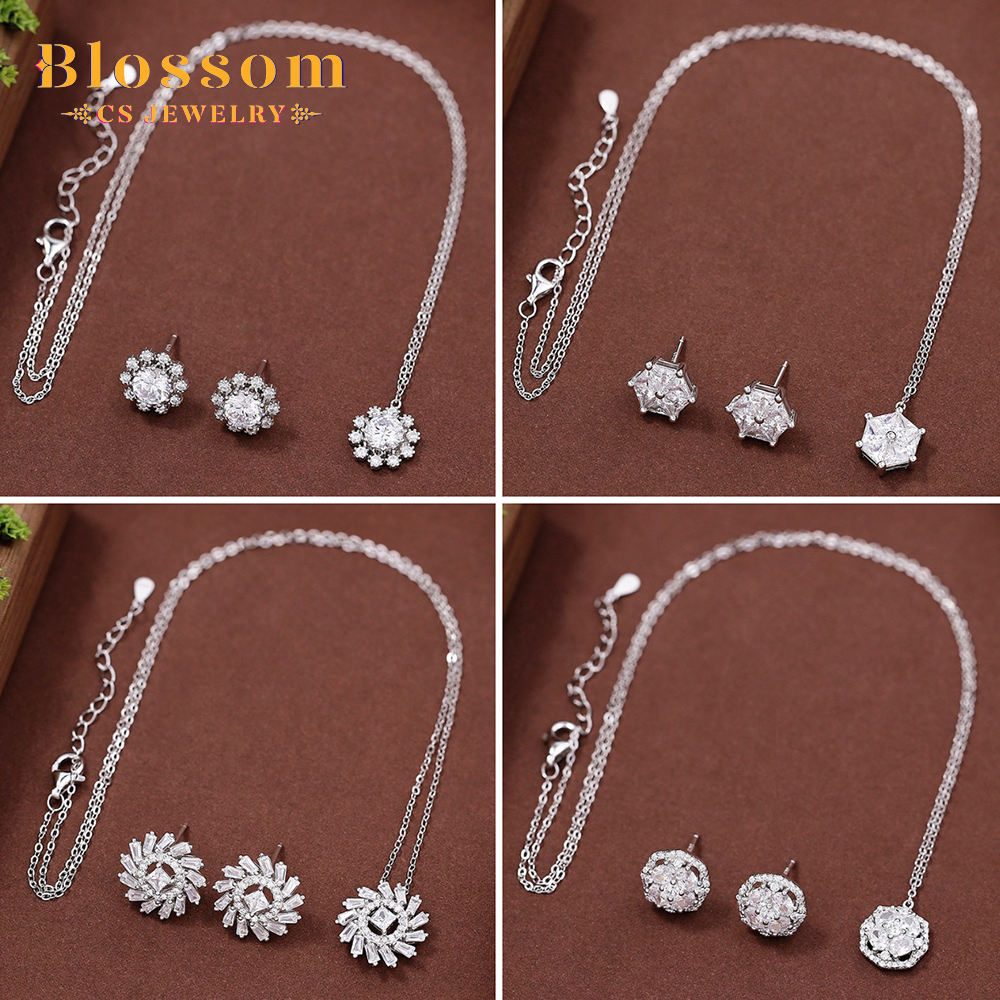 Kaifa CS Jewelry High-Quality Minimalist 925 Sterling Silver Necklace and Earrings 2-Piece Set Inlaid with Cubic Zirconia Women’s Fashion Jewelry Set